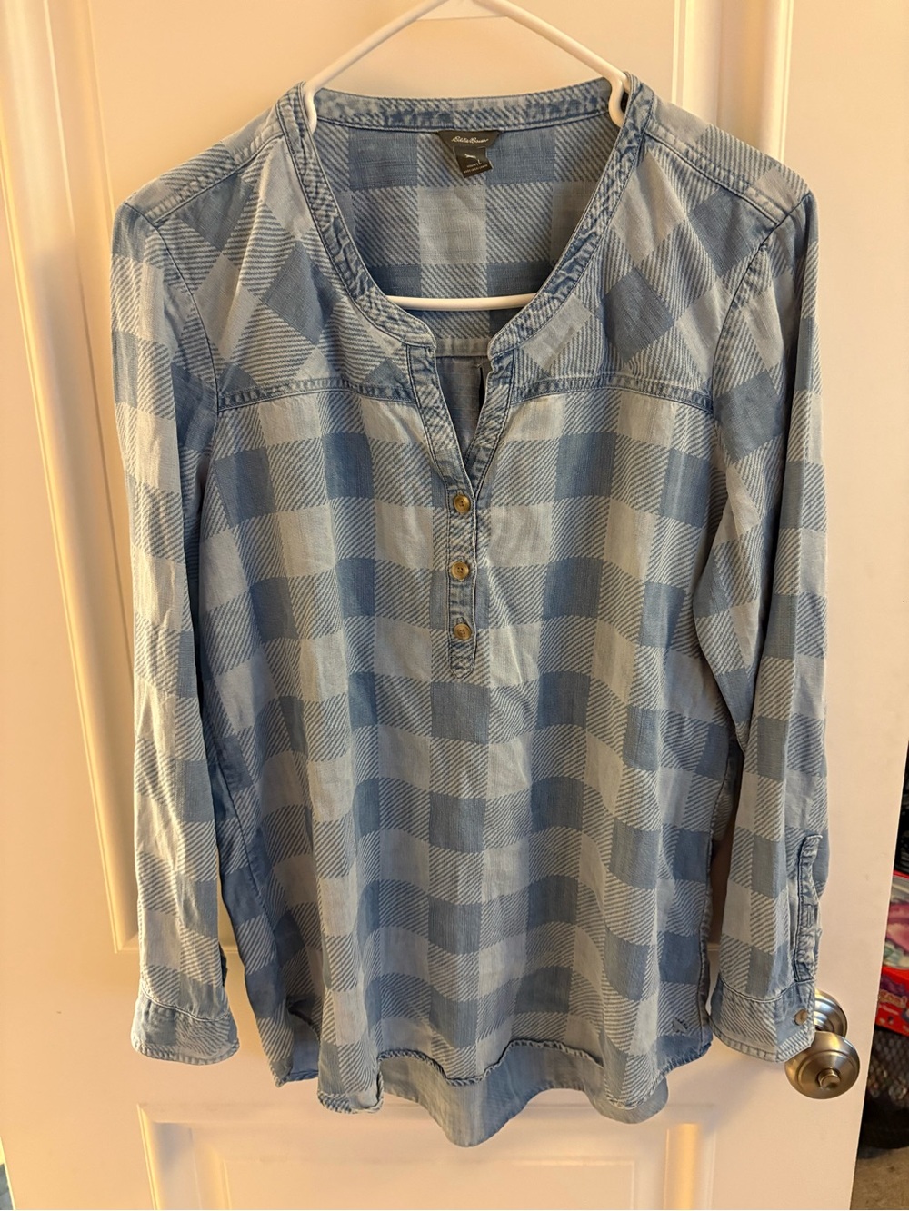 Eddie Bauer blue checkered Henley shirt